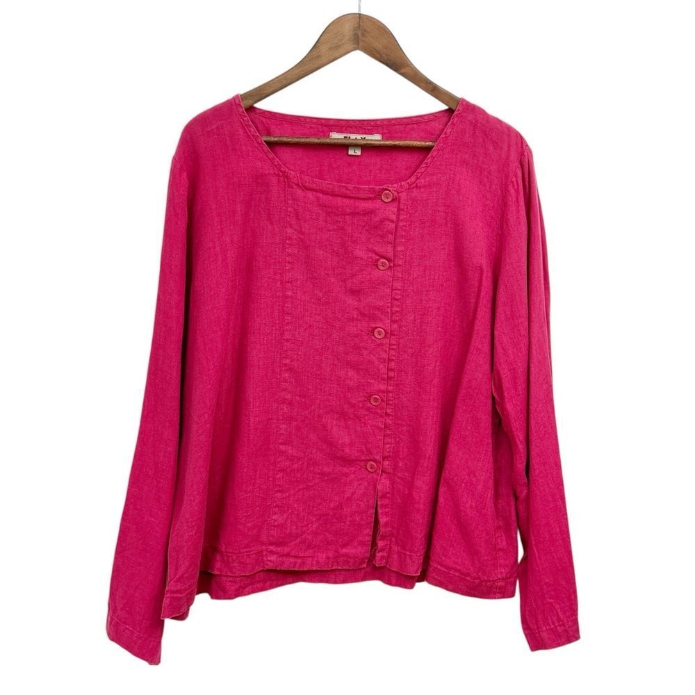 Flax Asymmetrical Button-Down Linen Top in Hot Pink